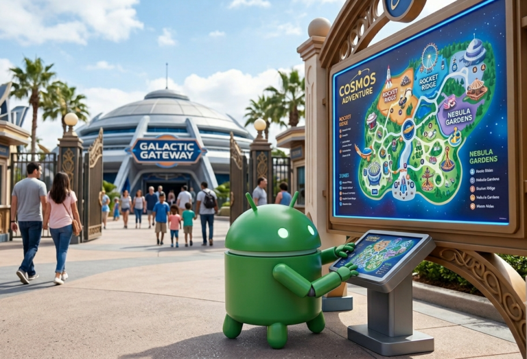 AI-generated image of a happy green Android robot consulting an XML map at the entrance of a theme park plaza called 'Cosmos Adventure'.